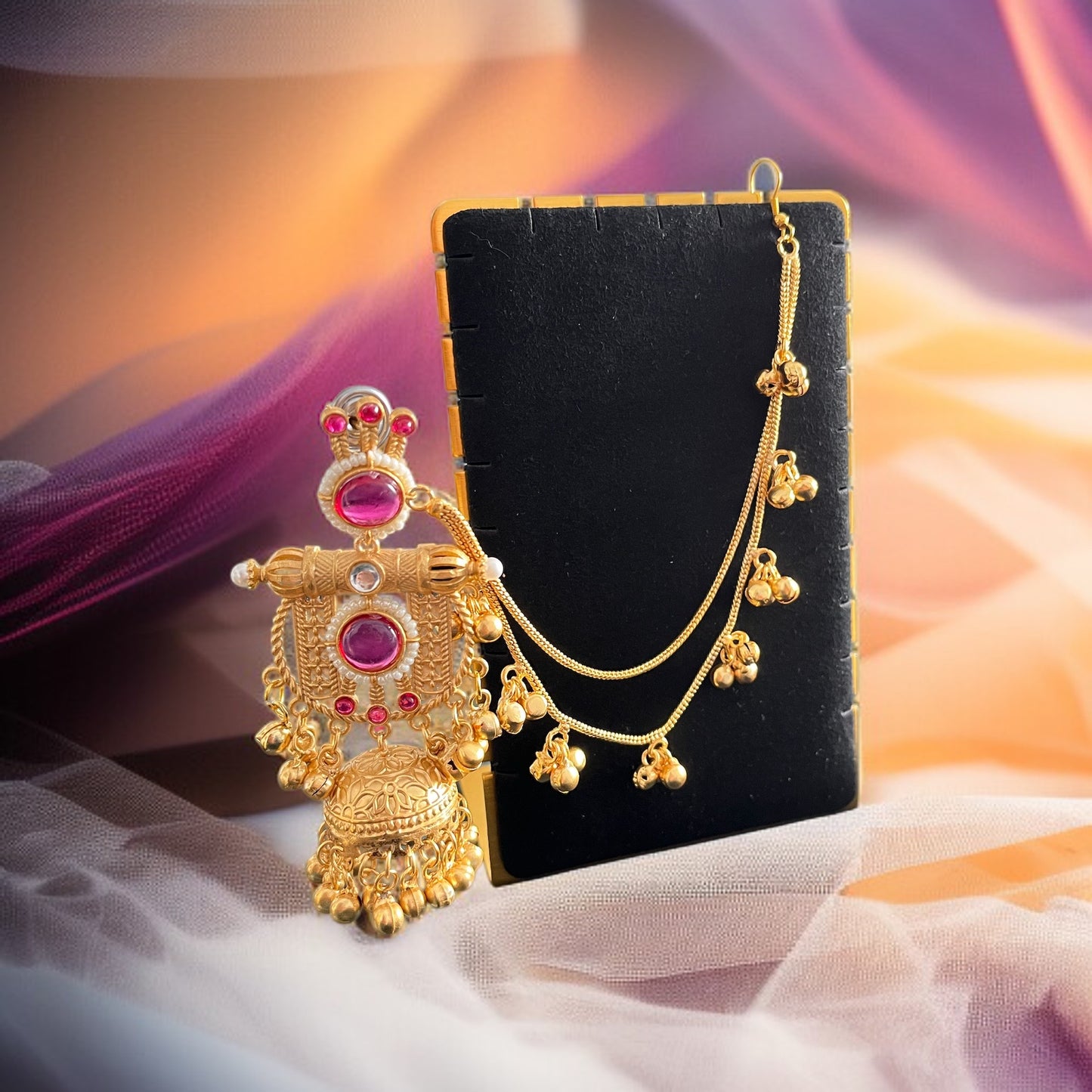 Gold Jhumka with Hair Chain Earrings