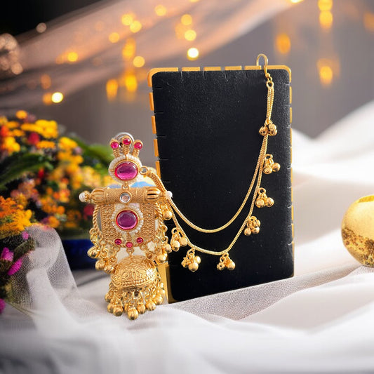 Gold Jhumka with Hair Chain Earrings