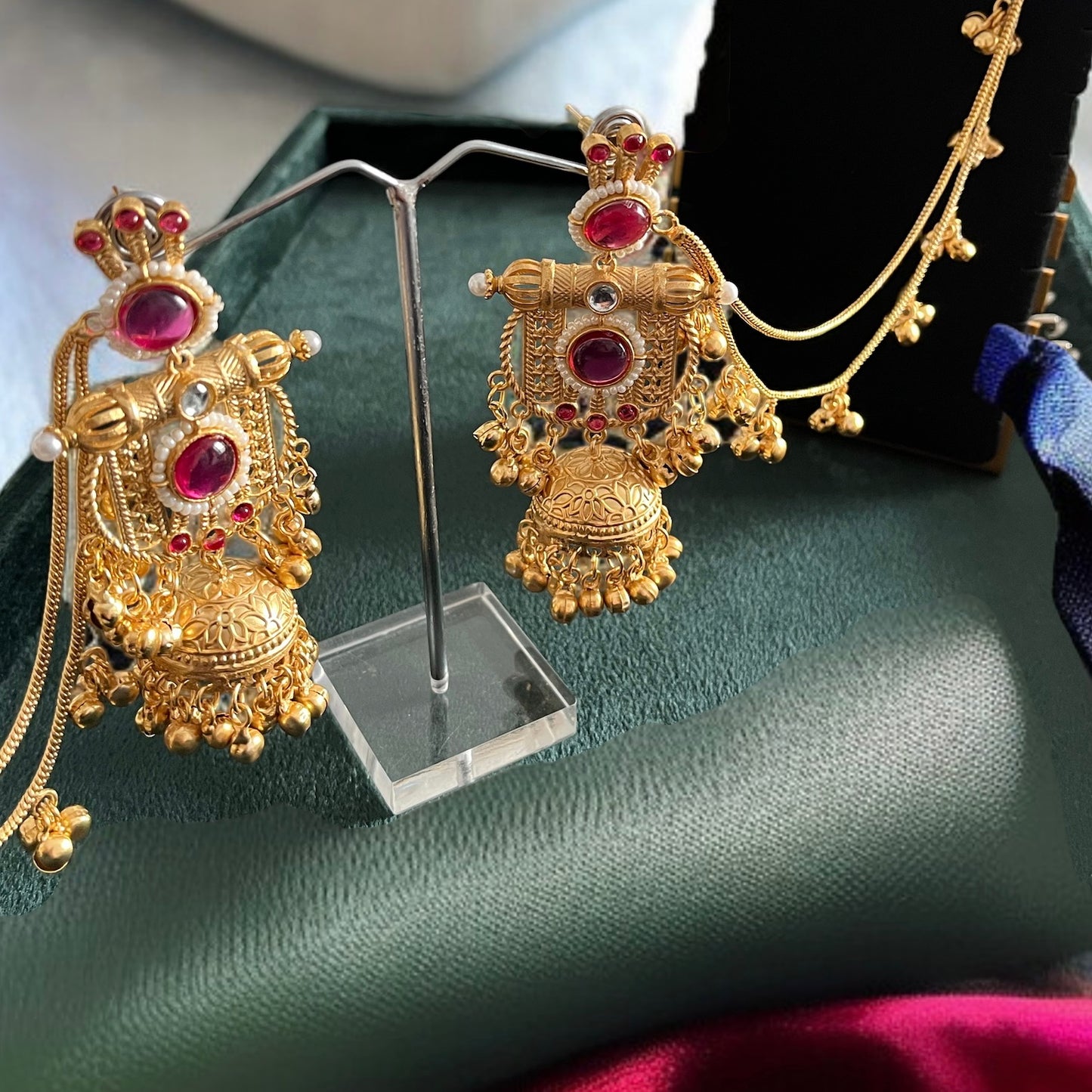 Gold Jhumka with Hair Chain Earrings