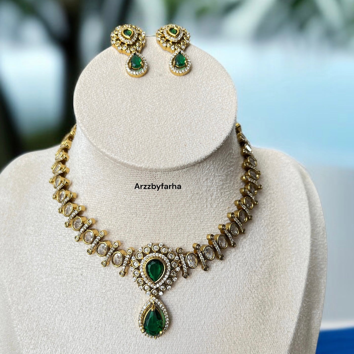 Green Stone Moissanite Necklace Set