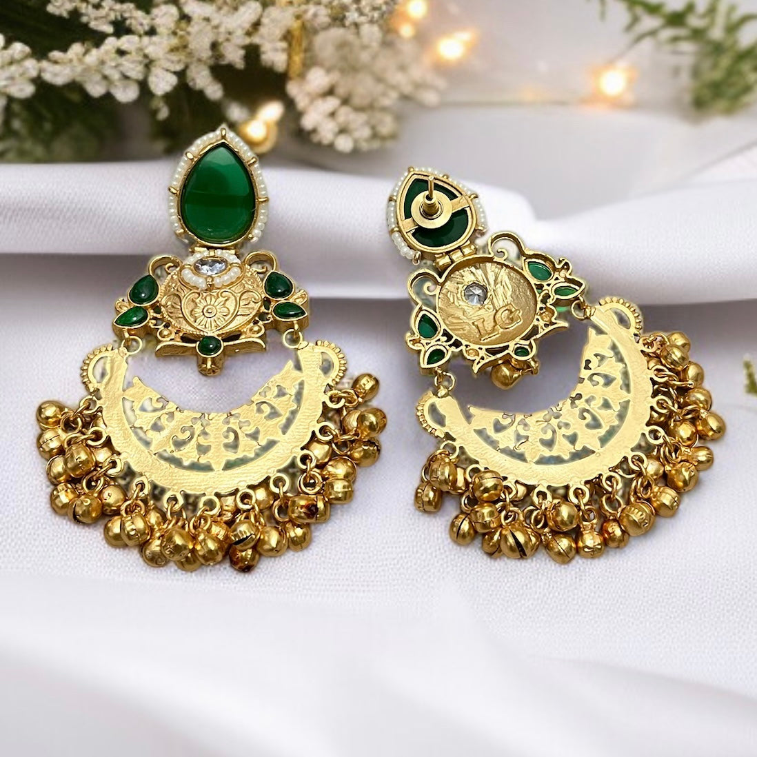 Stone Ghungroo Chandbali Earrings