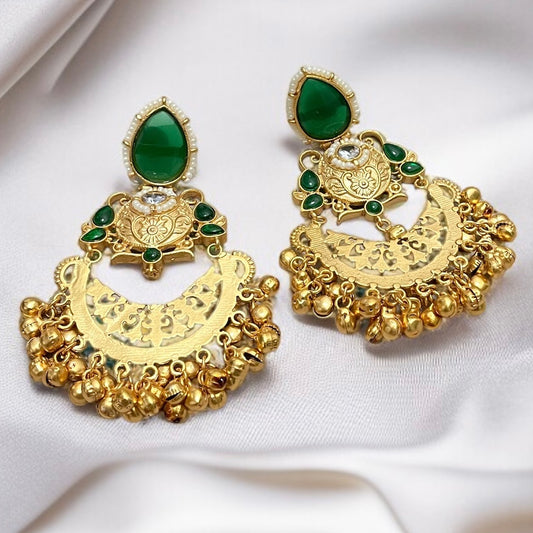 Stone Ghungroo Chandbali Earrings