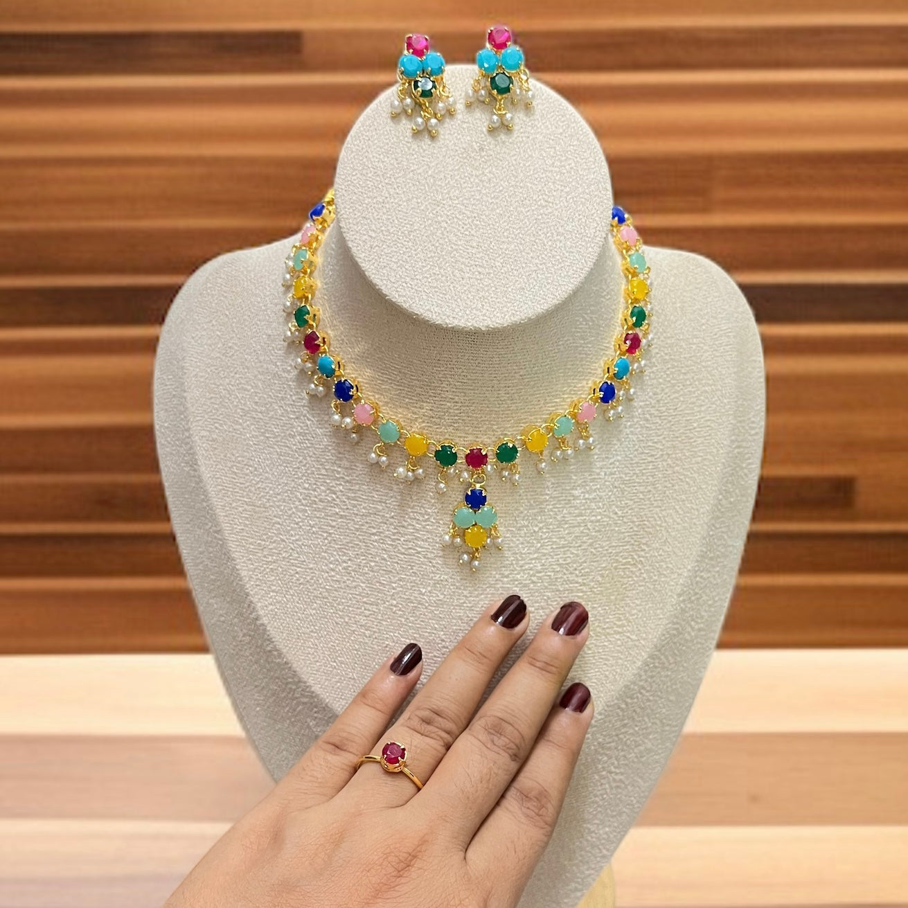 Multicolor Necklace Set with Finger Ring