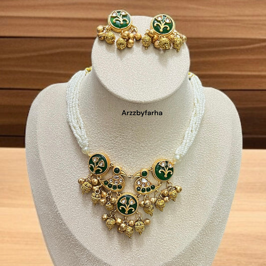 Green Stone Ghungroo Necklace Set