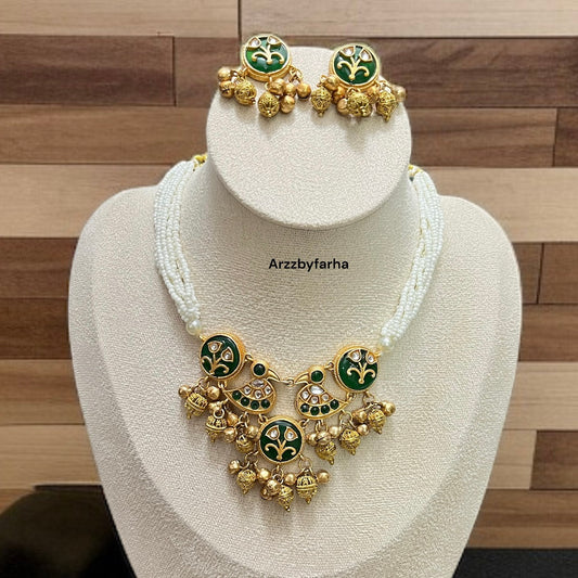 Green Stone Ghungroo Necklace Set