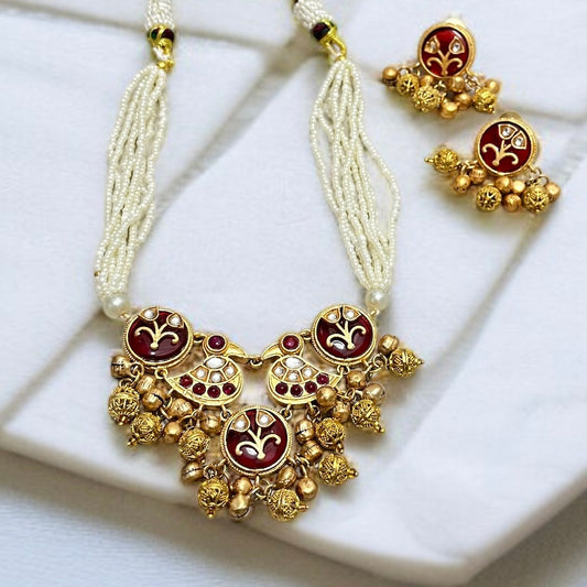 Red Stone Ghungroo Necklace Set