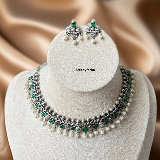 Green Oxidised Silver Necklace Set