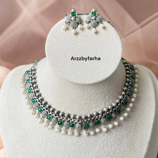 Green Oxidised Silver Necklace Set