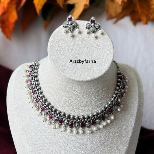 Ruby Pink Oxidised Silver Necklace Set
