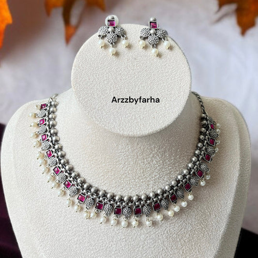 Ruby Pink Oxidised Silver Necklace Set