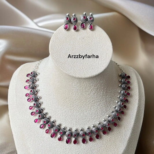 Pink Oxidised Silver Necklace Set