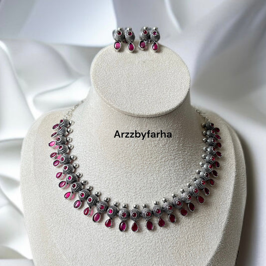 Pink Oxidised Silver Necklace Set