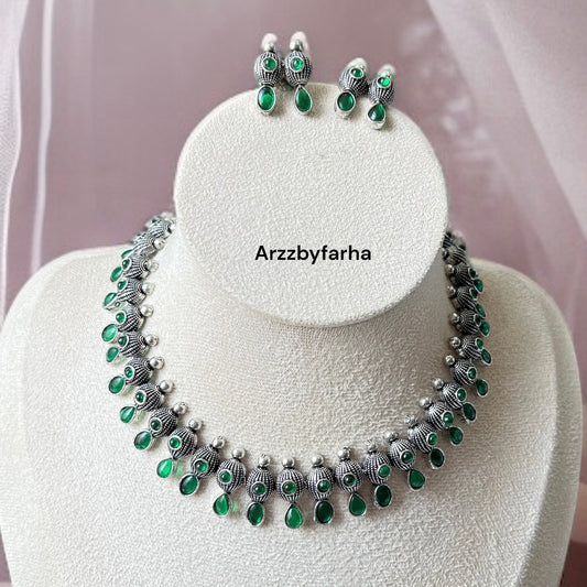Green Oxidised Silver Necklace Set