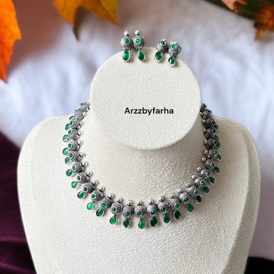 Green Oxidised Silver Necklace Set