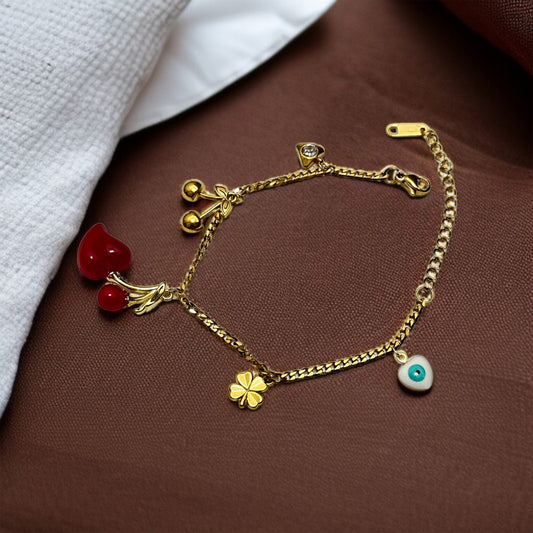Red Heart Clover Chain Bracelet