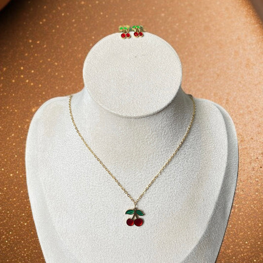 Cherry Studs Chain Necklace Combo