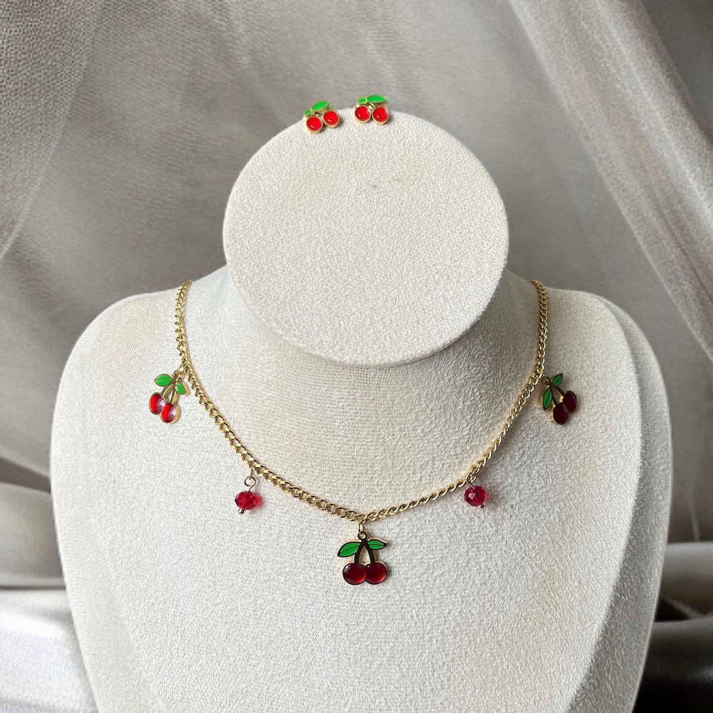 Cherry Studs Chain Necklace Combo