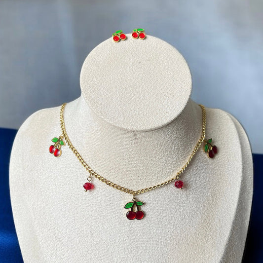 Cherry Studs Chain Necklace Combo