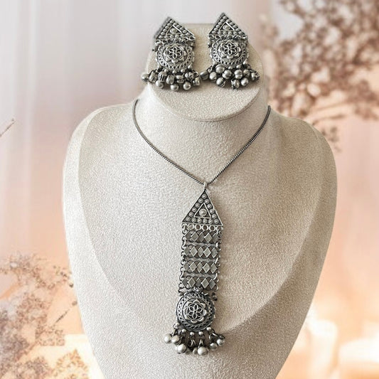 Silver Oxidised Drop Necklace Set