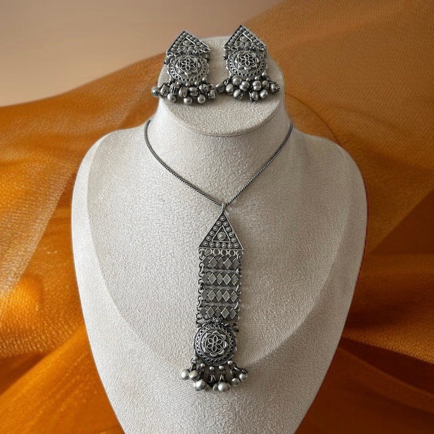 Silver Oxidised Drop Necklace Set