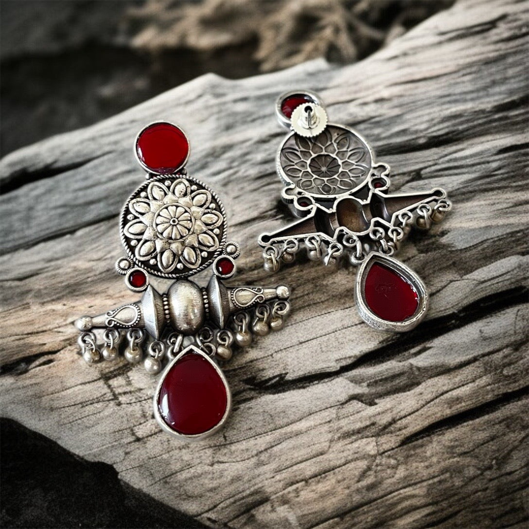 Red Stone Silver Earring