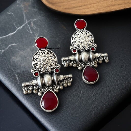 Red Stone Silver Earring