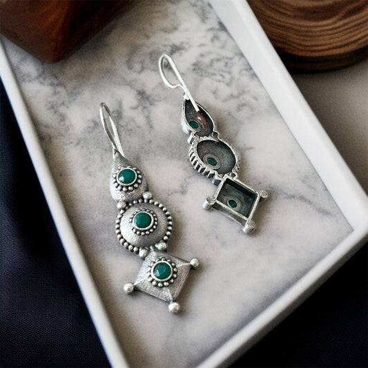 Green Silver Hooks Earring