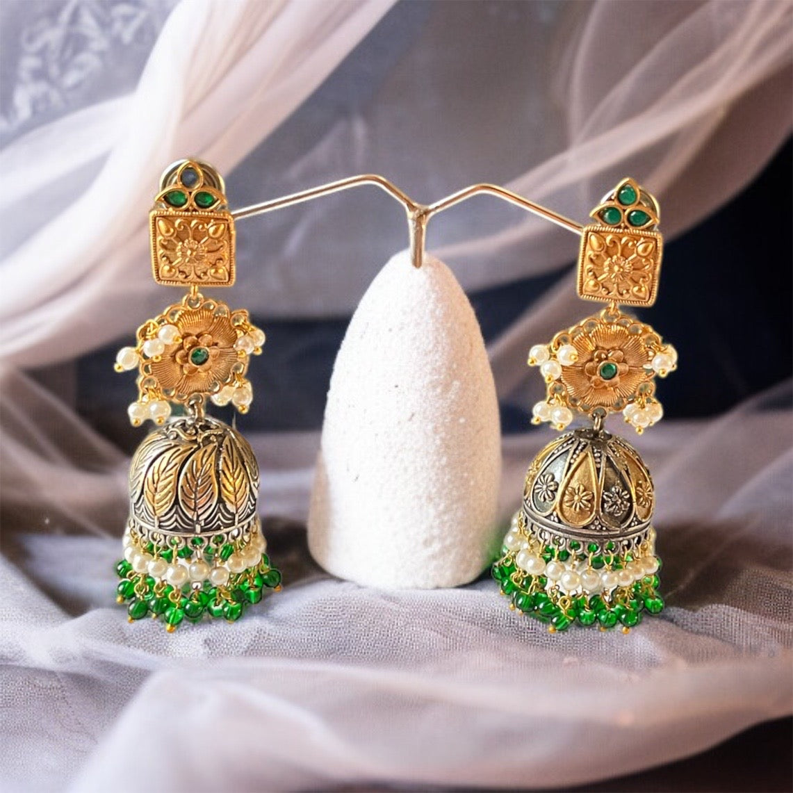 Mismatch Green Jhumkas Earring