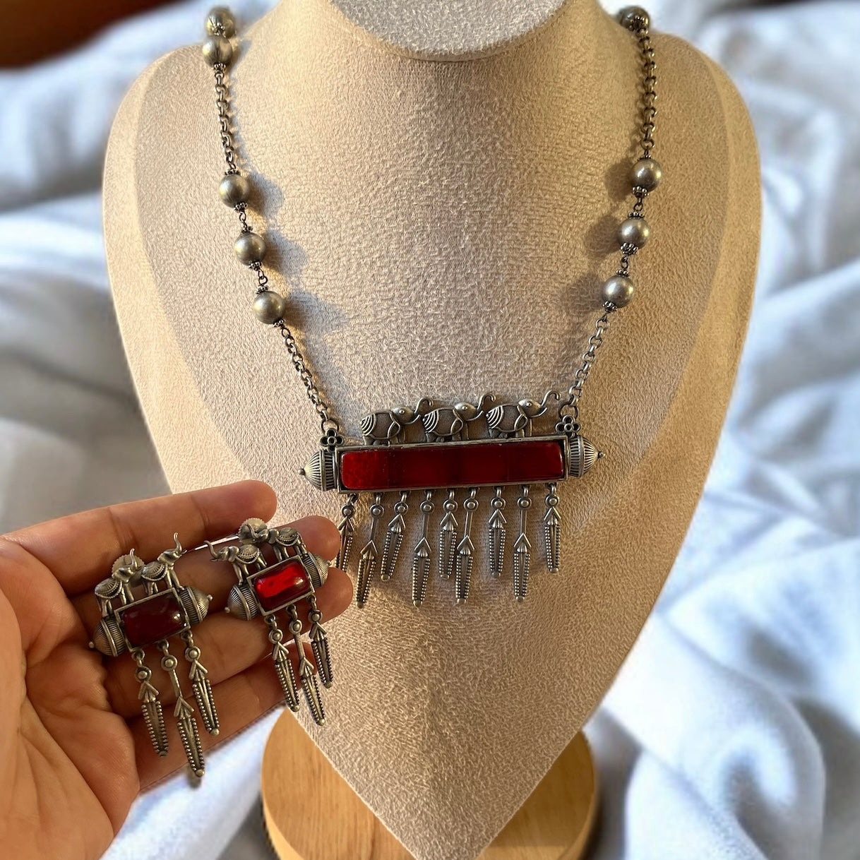 Red Stone Statement Necklace Set