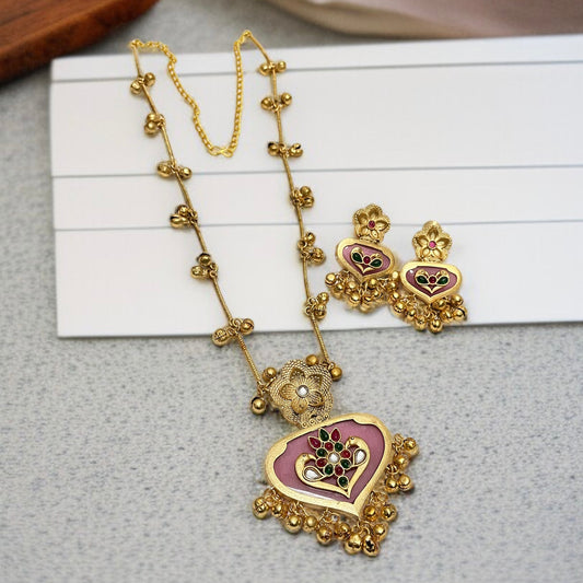 Pink Stone Ghungroo Necklace Set