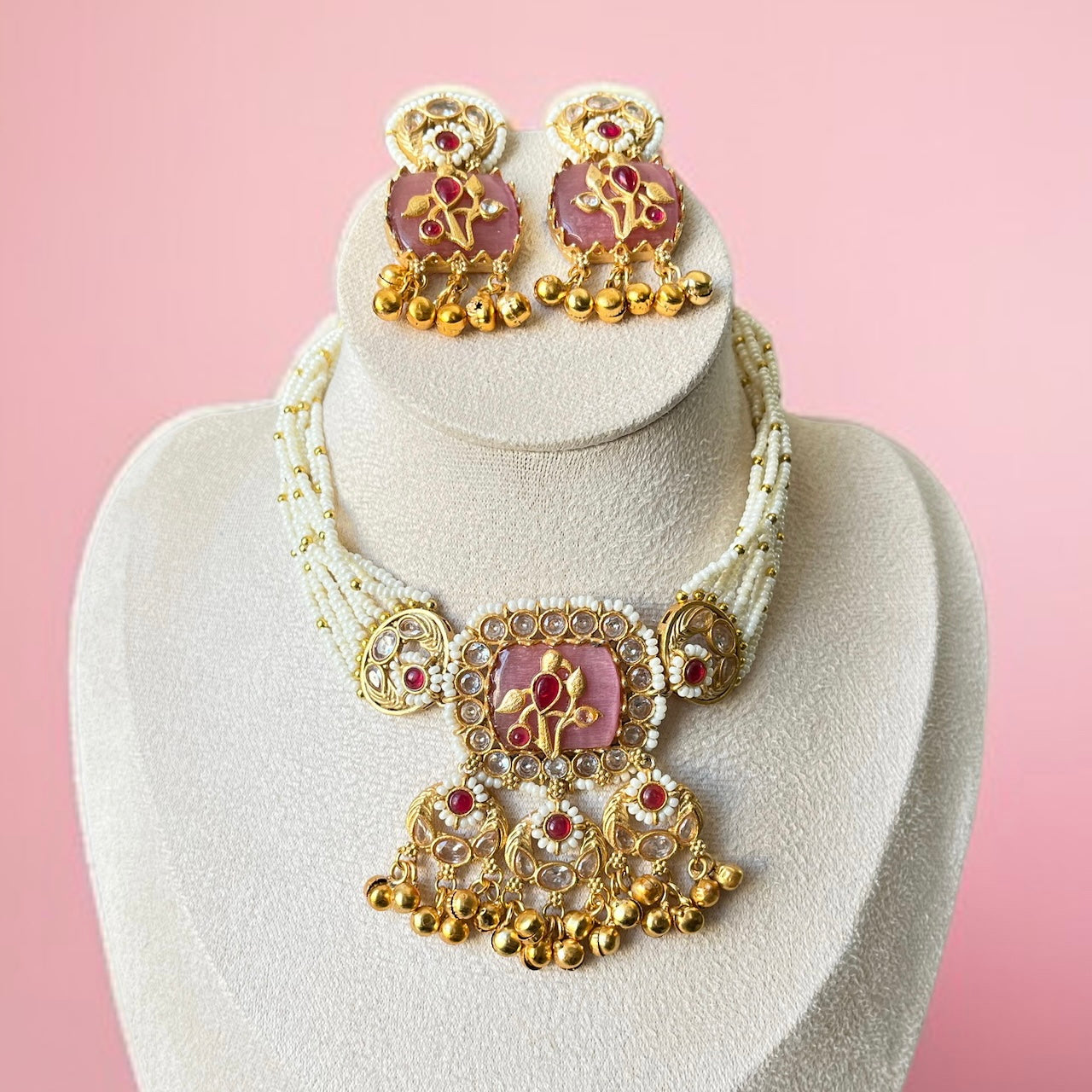 Pink Stone Ghungroo Necklace Set