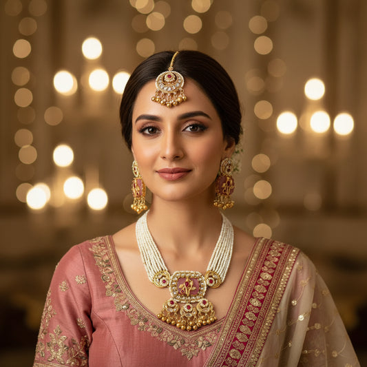 Pink Stone Ghungroo Necklace Set