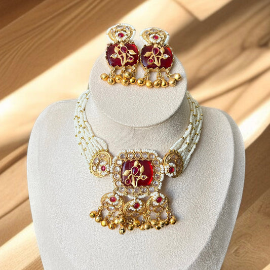Red Stone Ghungroo Necklace Set