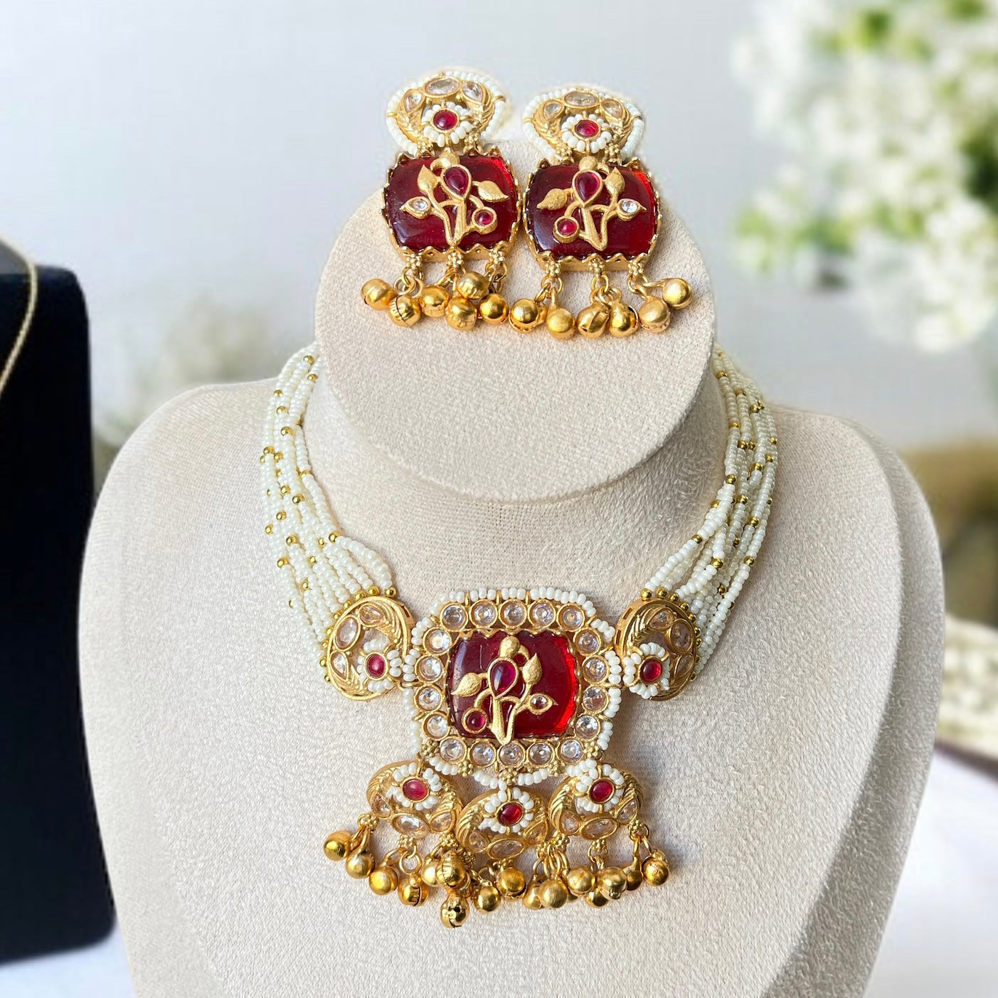 Red Stone Ghungroo Necklace Set
