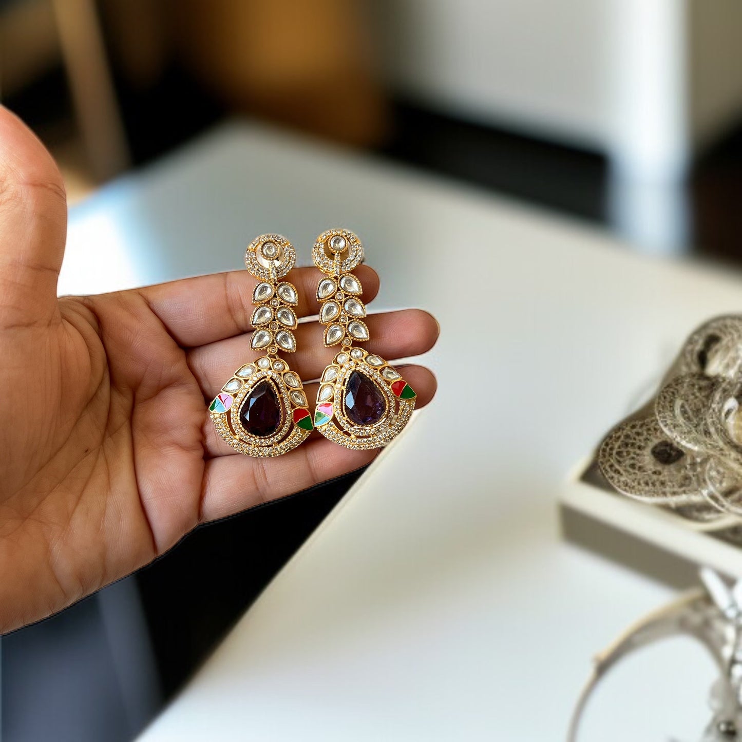 Purple Stone Dangler Earrings