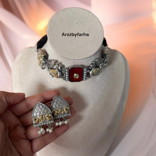 Dual Tone Choker Necklace Set