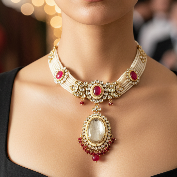 Kundan Chid Pearl Necklace Set