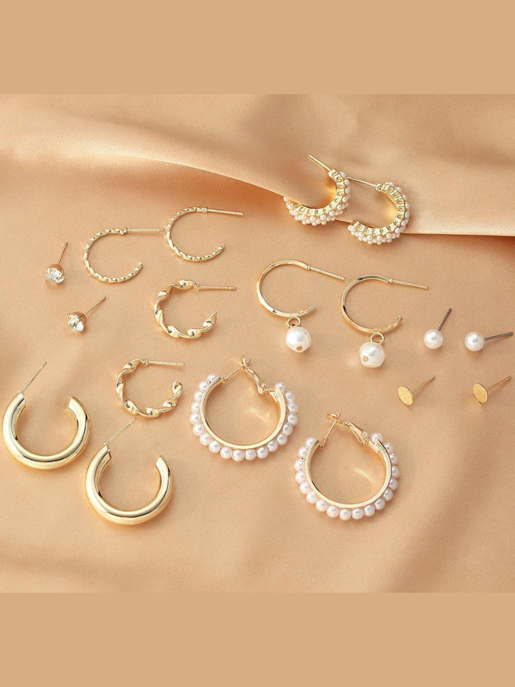 Set of 9 Gold Chunky Pearl Hoops and Studs