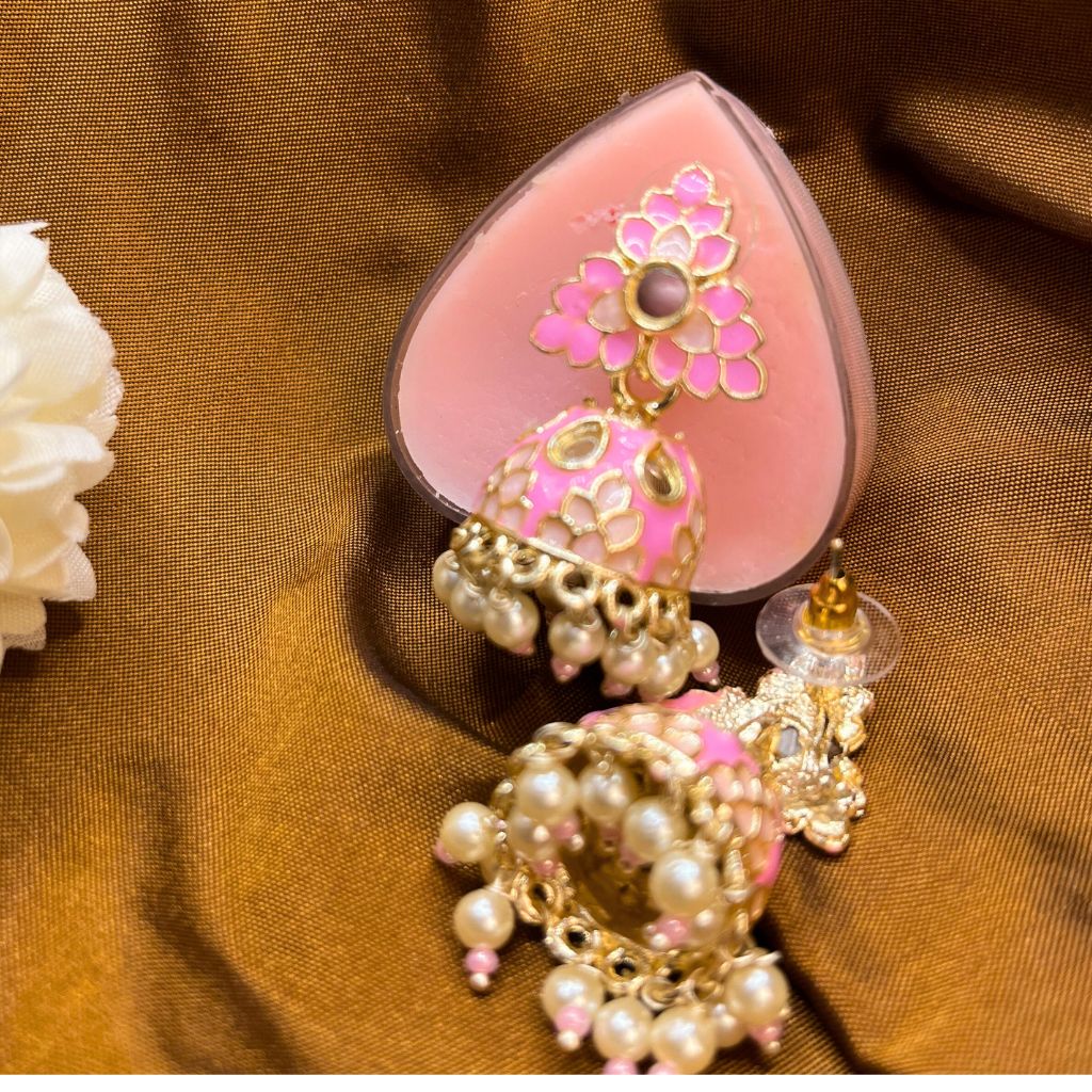 Pink Mirror & Pearl Beads Earrings