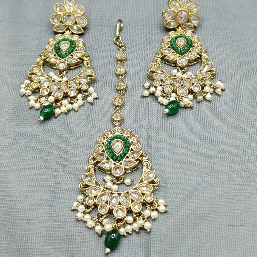 Kundan Polki Beaded Earring with Maang Tikka