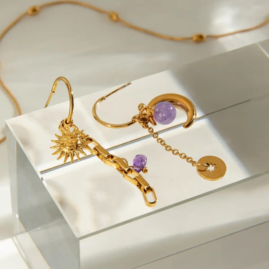 Mismatched Moon Star Hook Earrings
