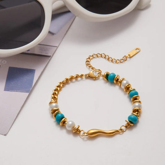 Blue Beads & Pearl Chain Bracelet