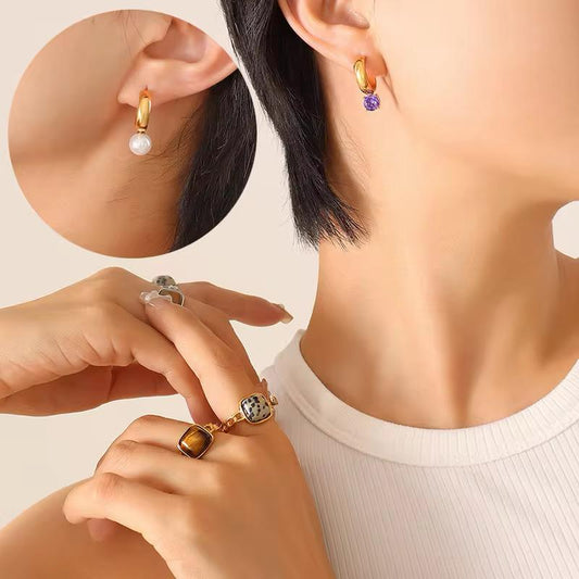 18k Gold Plated Pearl & Purple Hoop Earrings