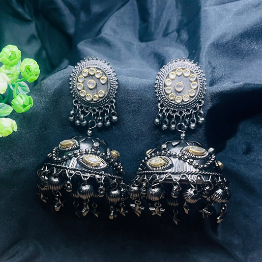 Dual Toned Black Metal Dome Shaped Jhumkas Earrings