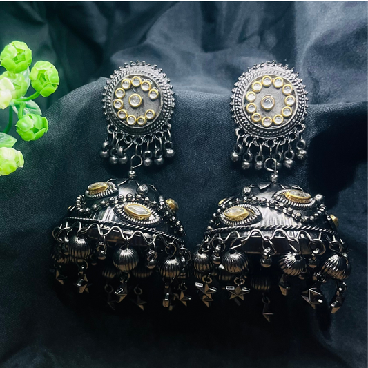 Dual Toned Black Metal Dome Shaped Jhumkas Earrings