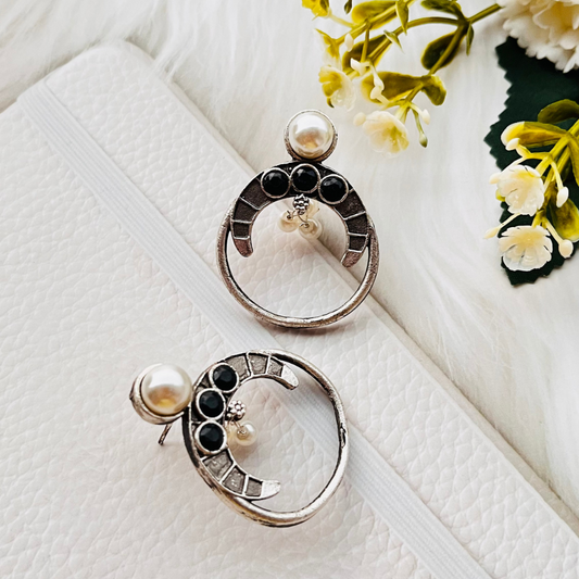 Oxidised Silver Plated Black Stone Pearl Stud Earrings
