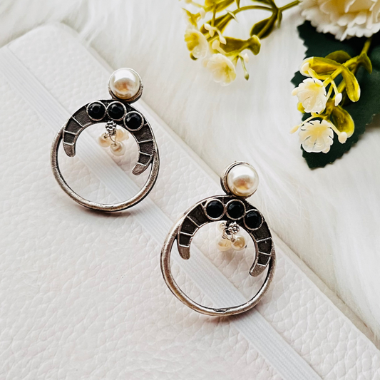 Oxidised Silver Plated Black Stone Pearl Stud Earrings