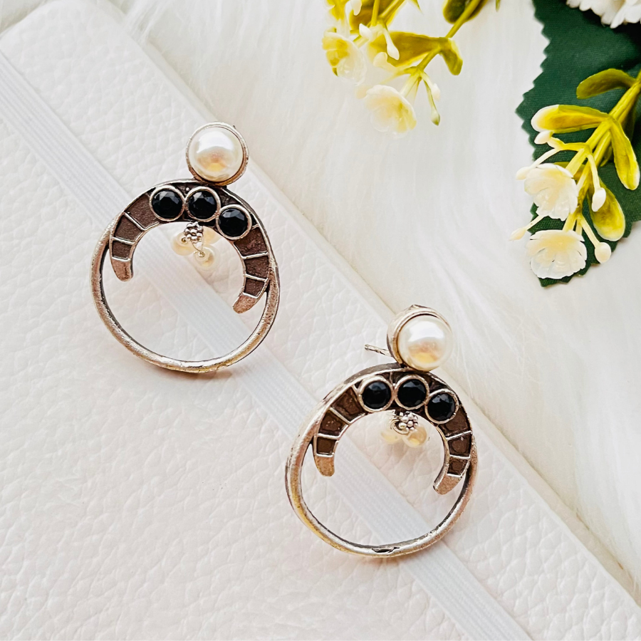 Oxidised Silver Plated Black Stone Pearl Stud Earrings