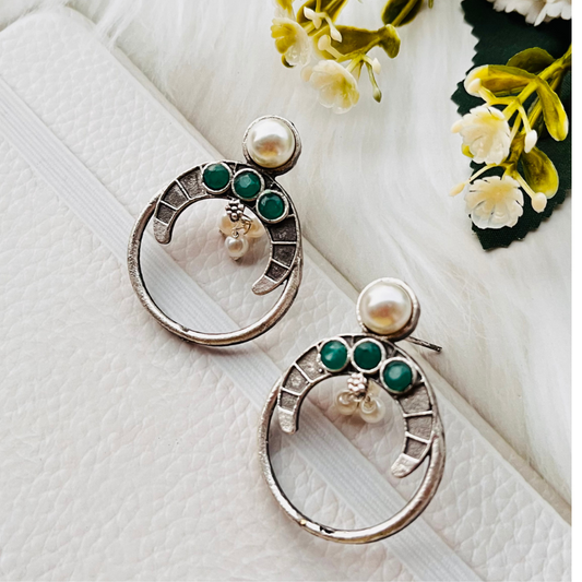 Oxidised Silver Plated Green Stone Pearl Stud Earrings