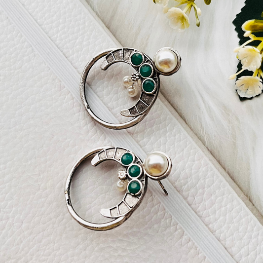 Oxidised Silver Plated Green Stone Pearl Stud Earrings